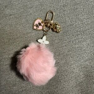 Pink Fur Pom Pom Keychain with Gold Charms